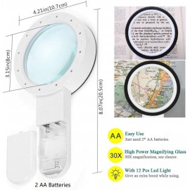Lupa de mano 30X con luz, doble lente Jumbo, lupa iluminada con 12 LED